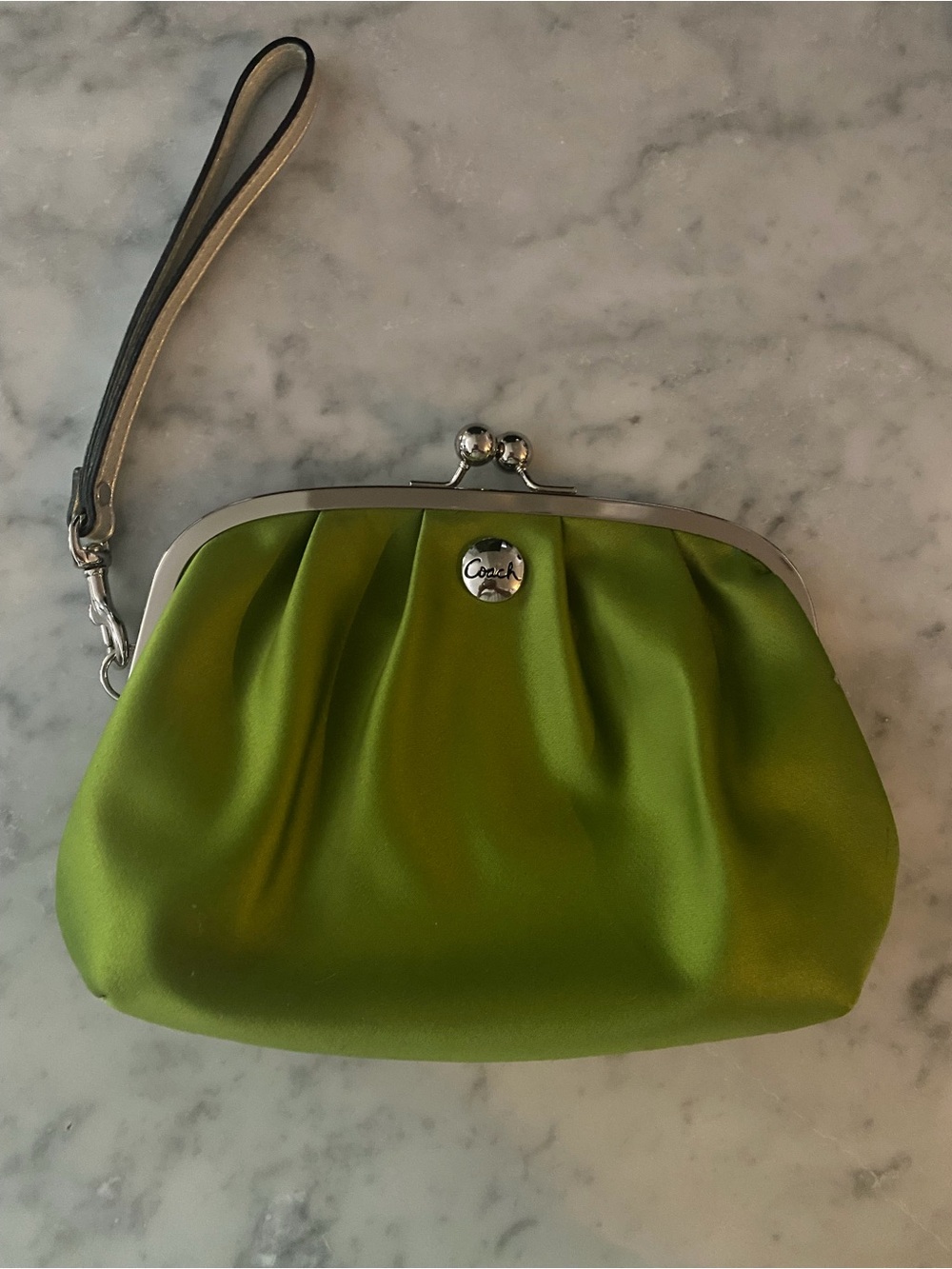Coach Lime Green Satin Kiss-Lock Wristlet Clutch